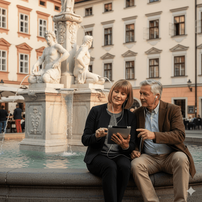 Ljubljana Self-Guided Audio Tour by Uvamai Niche Tourism, featuring a smartphone with city landmarks on the screen.