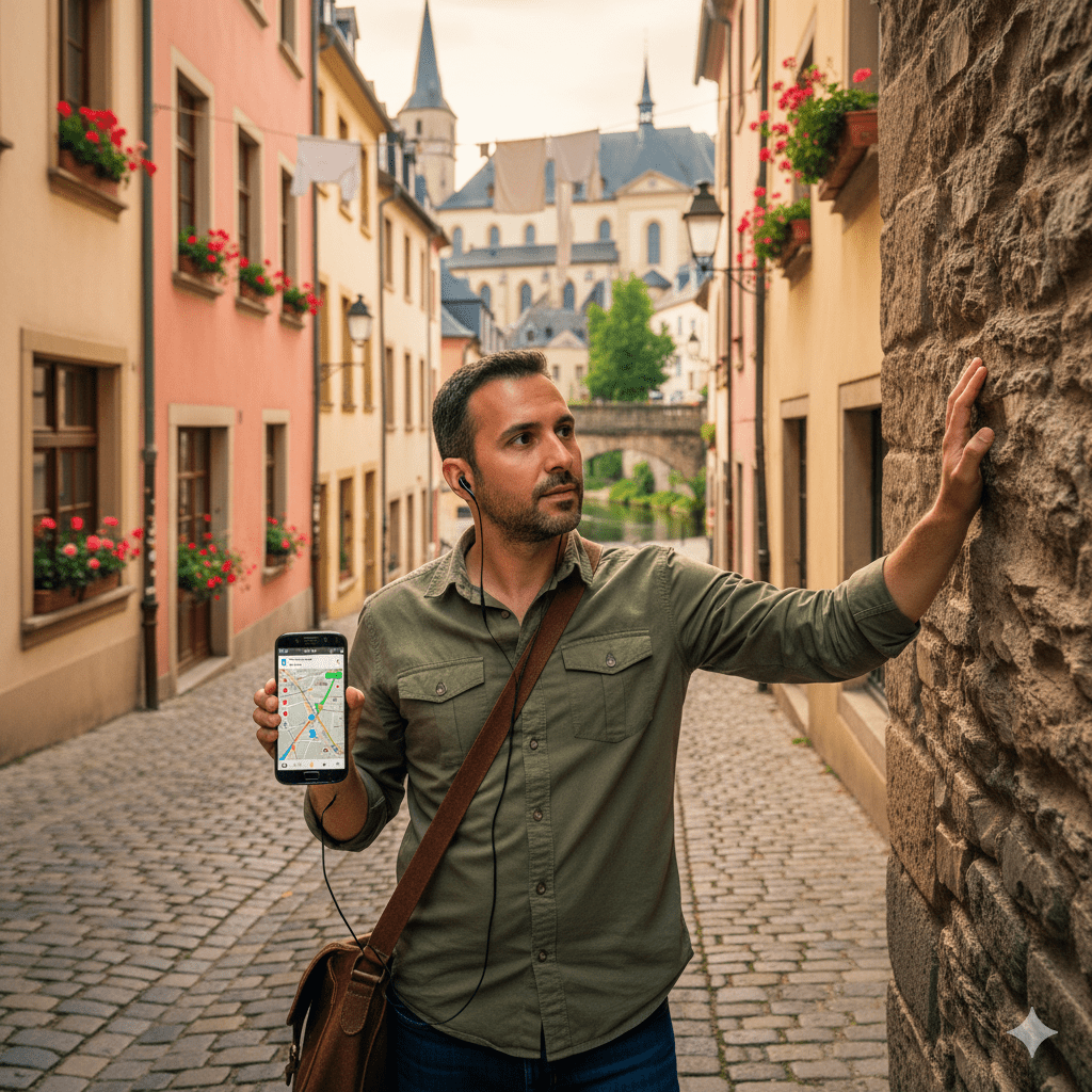 Luxembourg City self-guided audio tour by Uvamai Niche Tourism, showing a map and audio device for exploring the city.