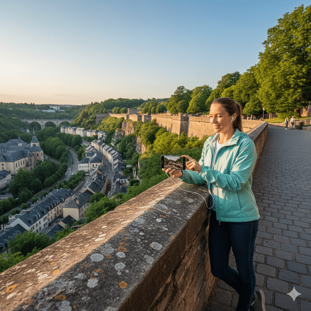 Luxembourg City self-guided audio tour by Uvamai Niche Tourism, showing a map and audio device for exploring Luxembourg's landmarks.