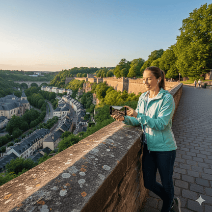 Luxembourg City self-guided audio tour by Uvamai Niche Tourism, showing a map and audio device for exploring Luxembourg's landmarks.