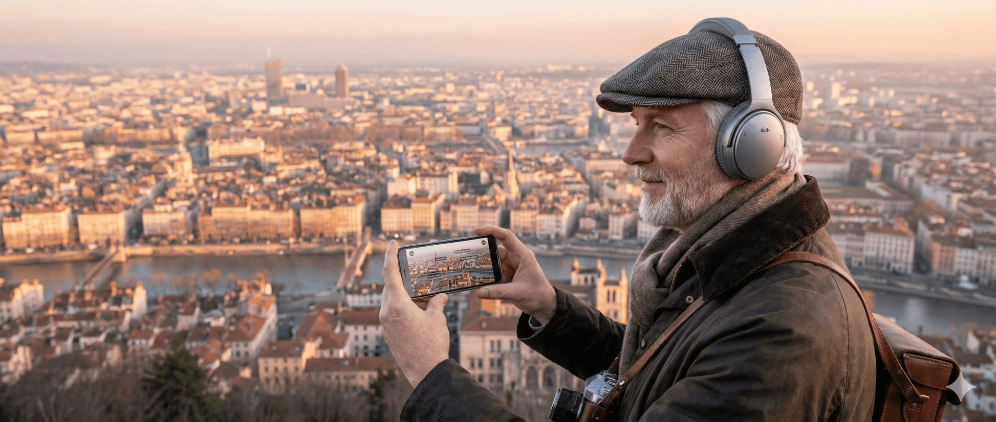 Lyon Self-Guided Audio Tour by Uvamai Niche Tourism displayed on a smartphone screen with city landmarks in the background.