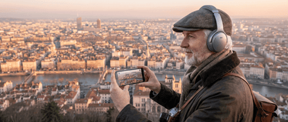 Lyon Self-Guided Audio Tour by Uvamai Niche Tourism displayed on a smartphone screen with city landmarks in the background.