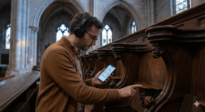 Lyon Self-Guided Audio Tour by Uvamai Niche Tourism, featuring a smartphone with map and audio device for exploring Lyon.