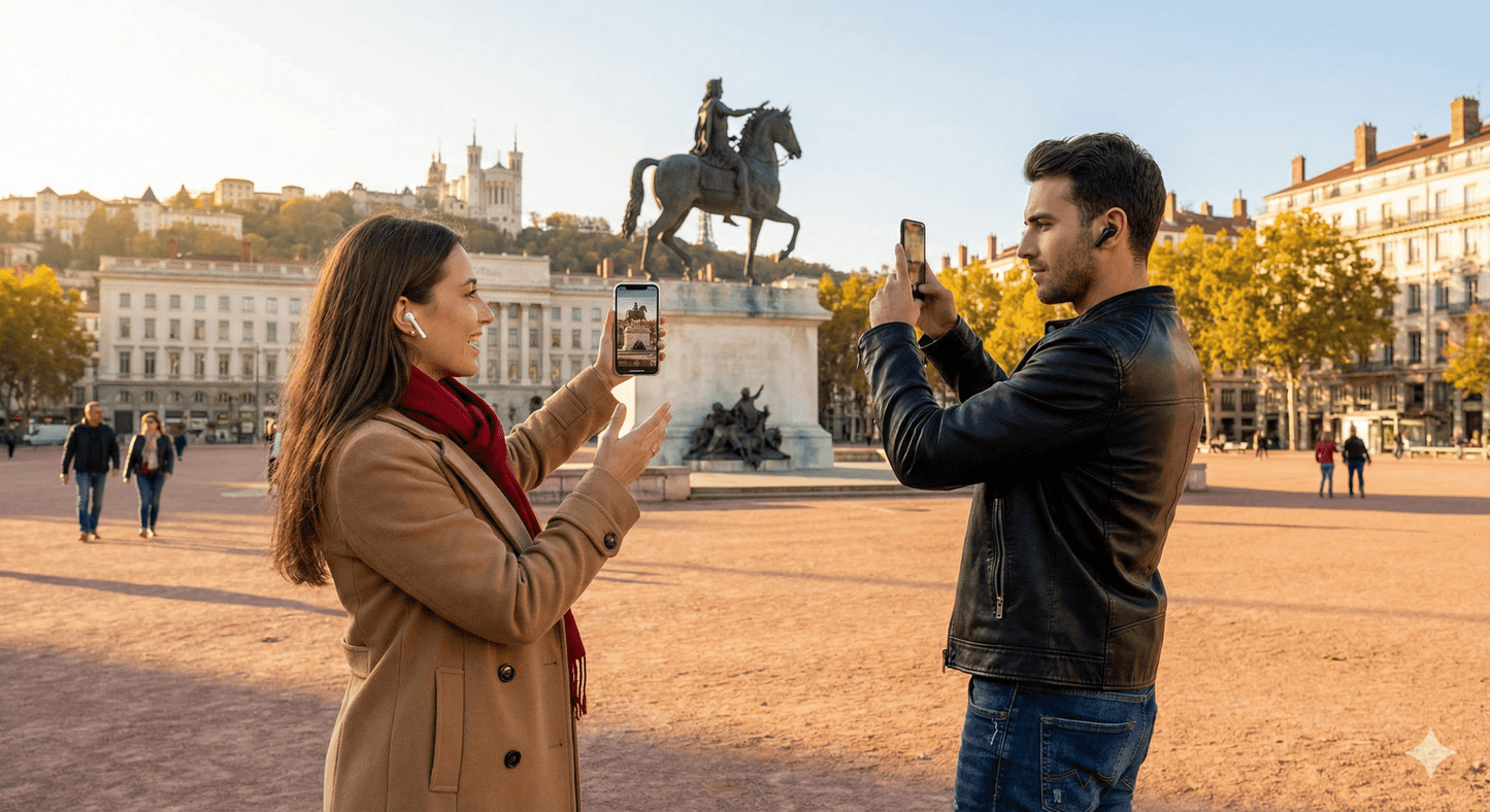Lyon Self-Guided Audio Tour by Uvamai Niche Tourism, featuring images of historic landmarks and scenic city views.