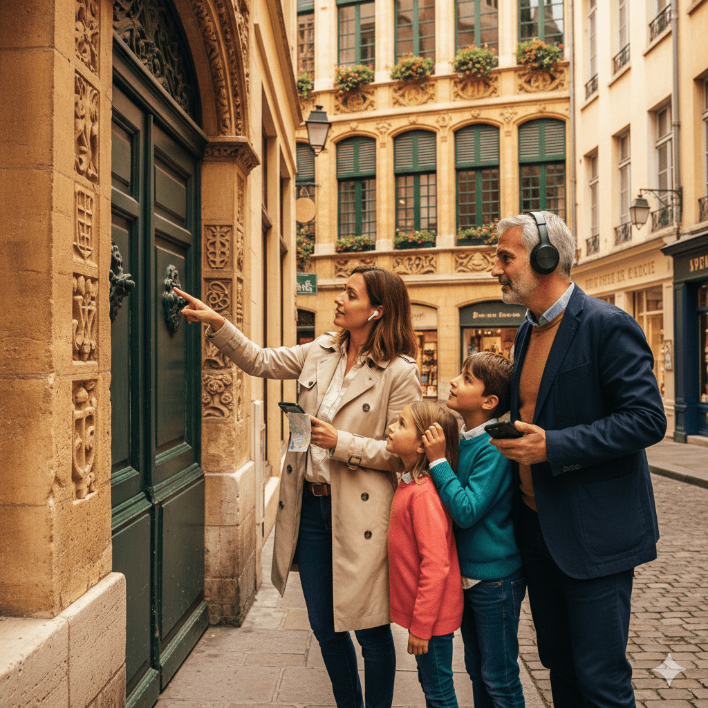 Lyon Self-Guided Audio Tour by Uvamai Niche Tourism showing a smartphone with Lyon city landmarks on the screen