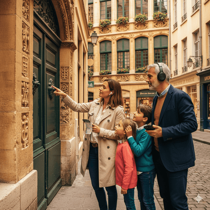 Lyon Self-Guided Audio Tour by Uvamai Niche Tourism showing a smartphone with Lyon city landmarks on the screen