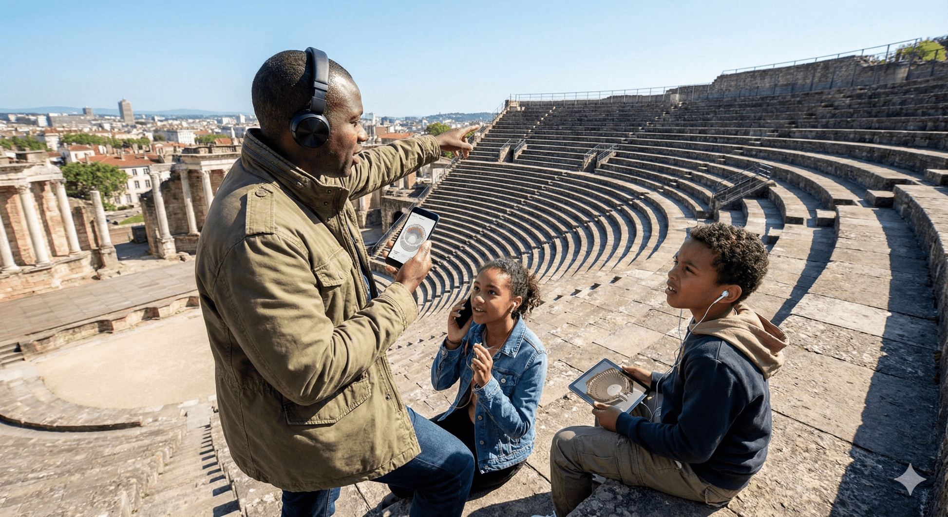 Lyon self-guided audio tour guide by Uvamai Niche Tourism showing a smartphone with Lyon city landmarks on the screen