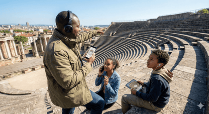 Lyon self-guided audio tour guide by Uvamai Niche Tourism showing a smartphone with Lyon city landmarks on the screen