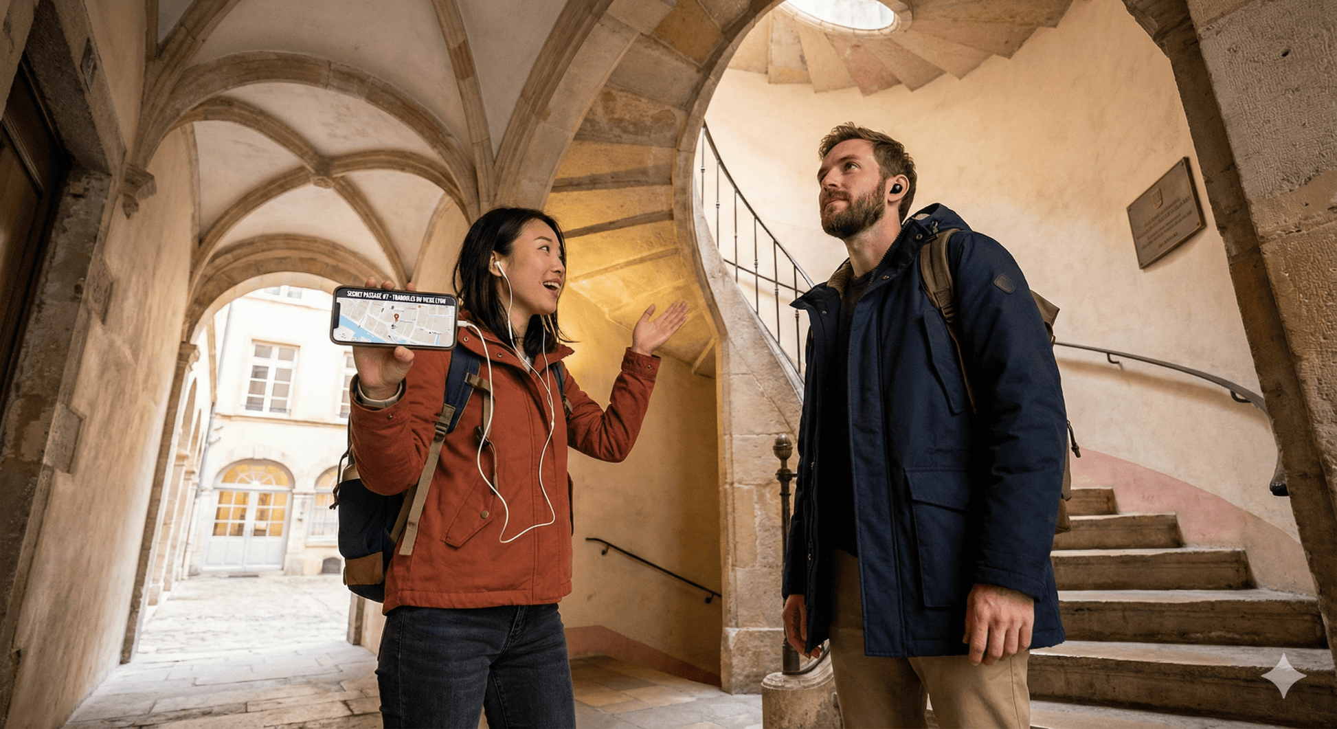 Lyon self-guided audio tour by Uvamai Niche Tourism, showing a smartphone with historical landmarks on the screen.