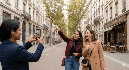 Lyon Self-Guided Audio Tour by Uvamai Niche Tourism featuring a smartphone with map and headphones for exploring Lyon.