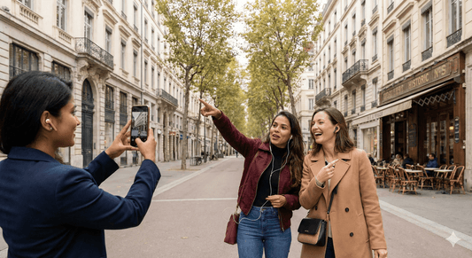 Lyon Self-Guided Audio Tour by Uvamai Niche Tourism featuring a smartphone with map and headphones for exploring Lyon.