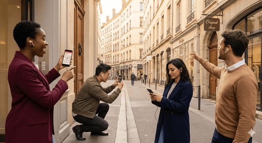 Lyon Self-Guided Audio Tour by Uvamai Niche Tourism, featuring a smartphone with historical landmarks and city views.