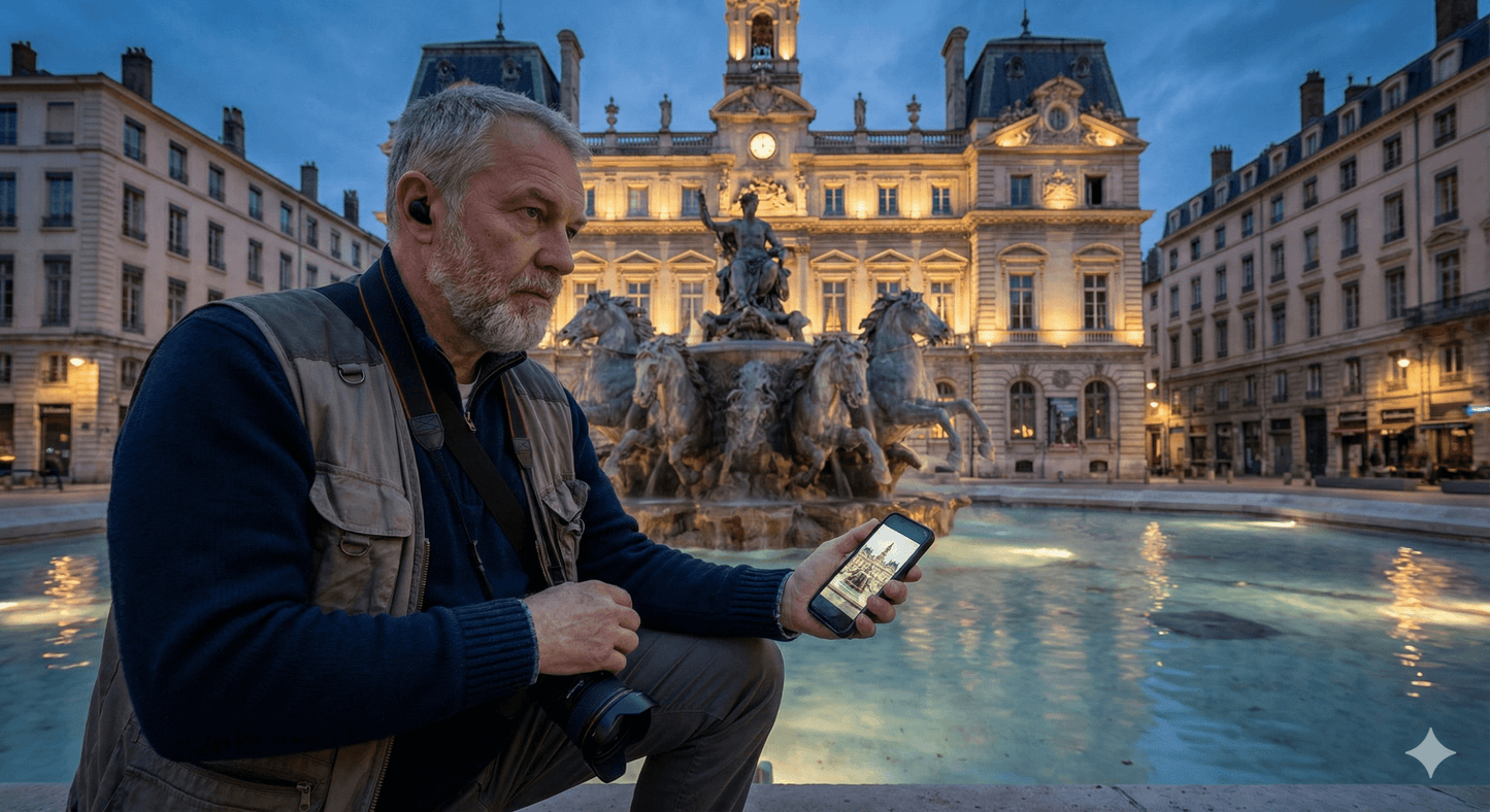 Lyon Self-Guided Audio Tour by Uvamai Niche Tourism, featuring headphones and map for exploring Lyon's landmarks.