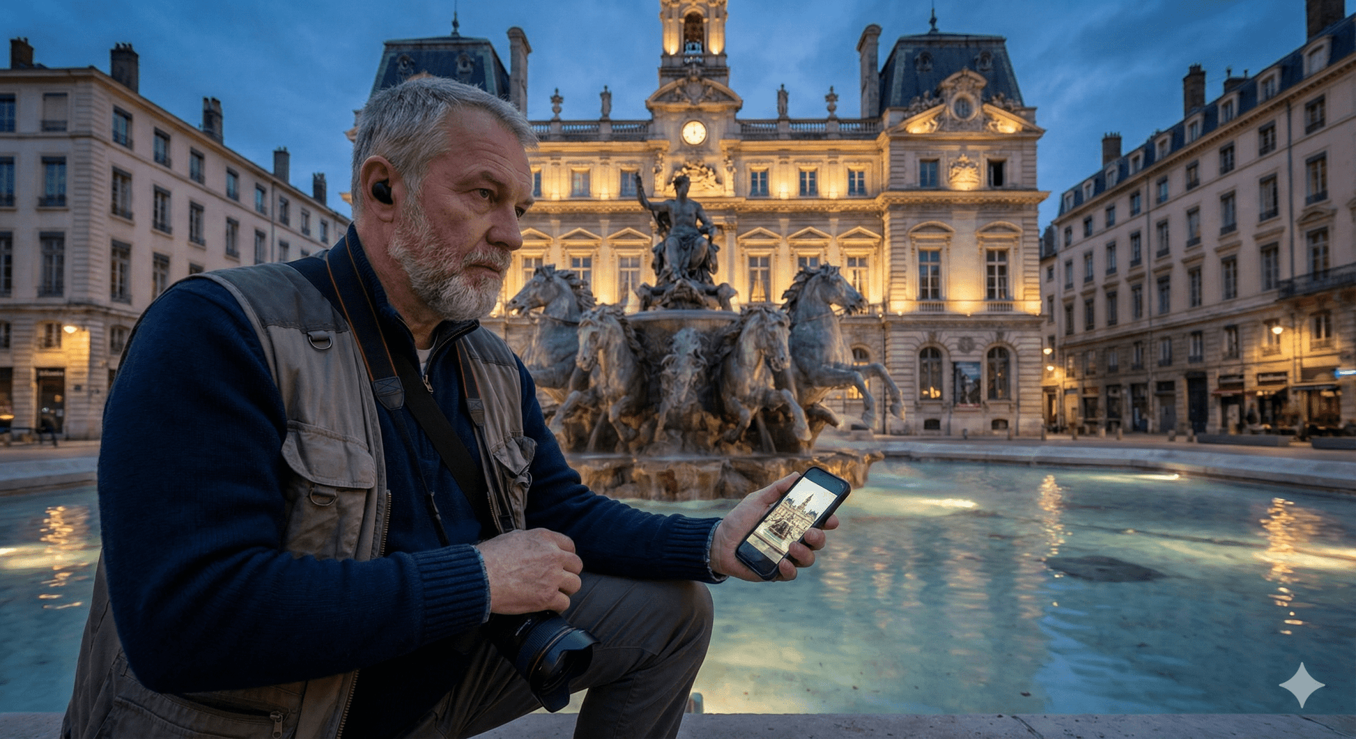 Lyon Self-Guided Audio Tour by Uvamai Niche Tourism, featuring headphones and map for exploring Lyon's landmarks.