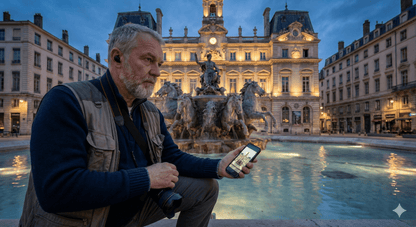 Lyon Self-Guided Audio Tour by Uvamai Niche Tourism, featuring headphones and map for exploring Lyon's landmarks.