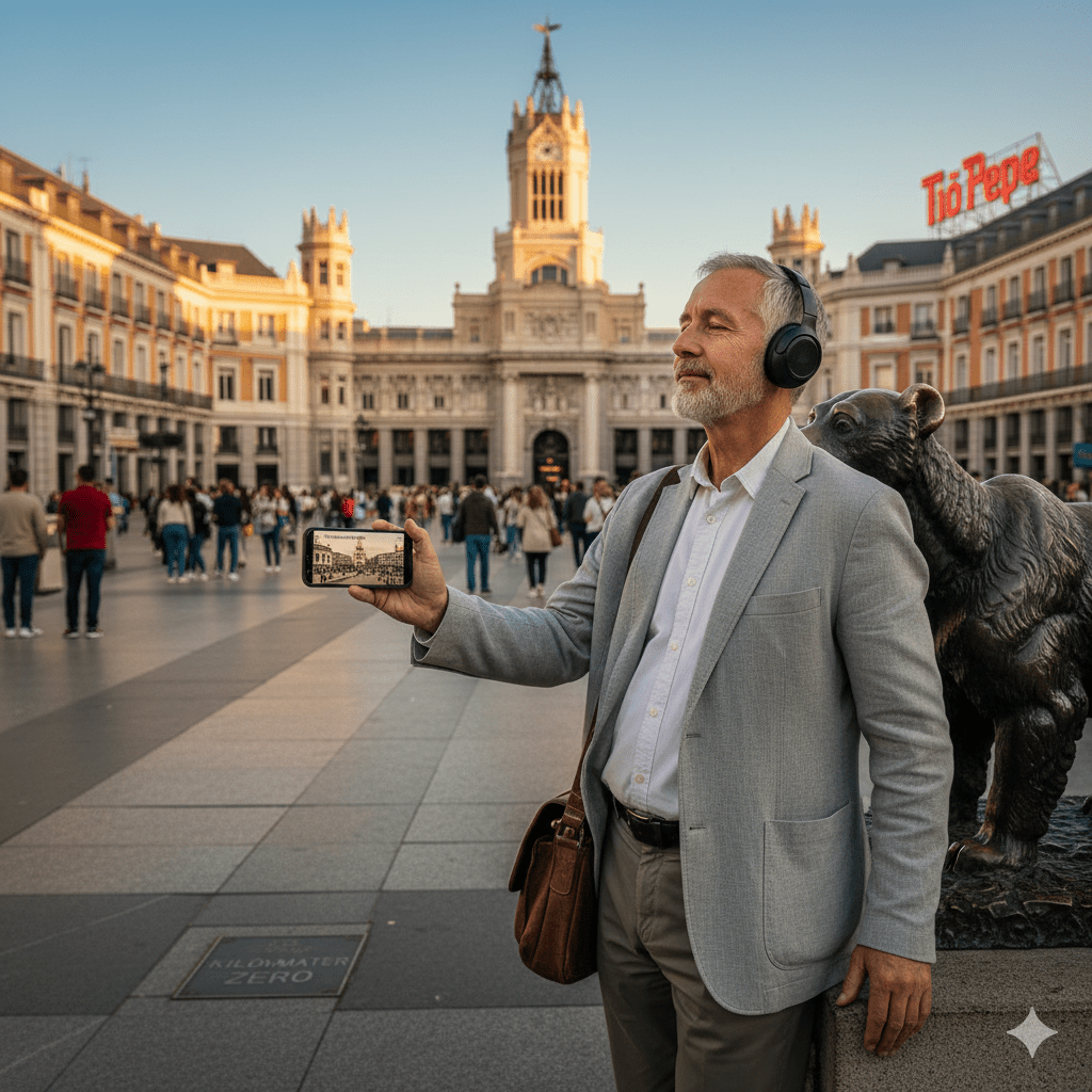 Audio tour device for Madrid self-guided tour by Uvamai Niche Tourism, showing headphones and tour map on a city background.