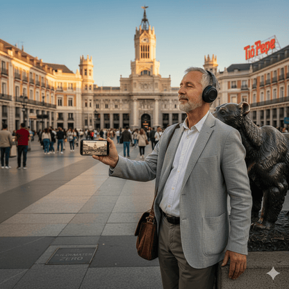 Audio tour device for Madrid self-guided tour by Uvamai Niche Tourism, showing headphones and tour map on a city background.