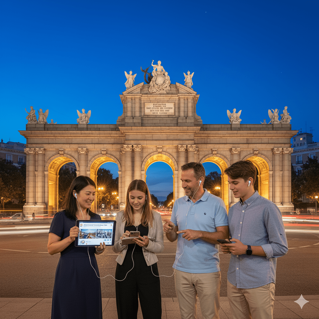 Madrid self-guided audio tour by Uvamai Niche Tourism, featuring a smartphone and headphones for exploring the city independently.