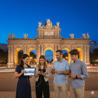 Madrid self-guided audio tour by Uvamai Niche Tourism, featuring a smartphone and headphones for exploring the city independently.
