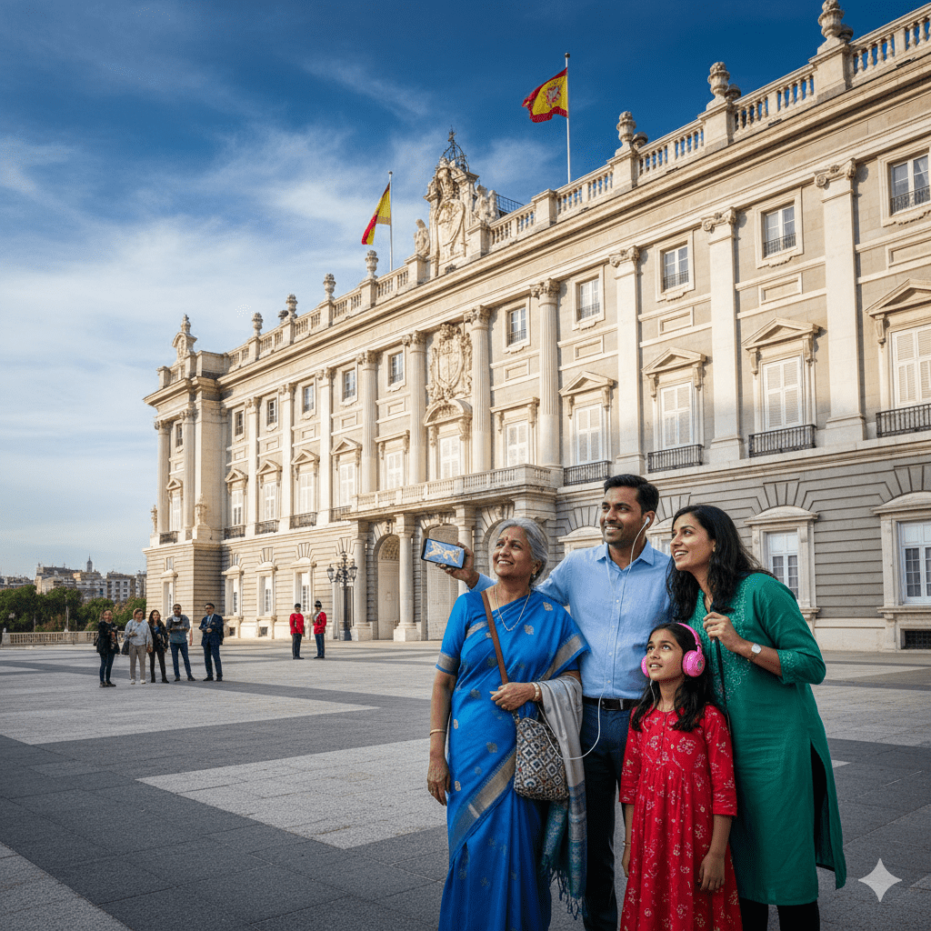 Audio guide for Madrid self-guided tour by Uvamai Niche Tourism, featuring headphones and smartphone setup for exploring city sights.