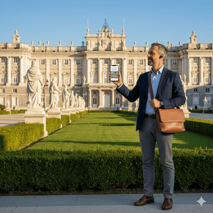 Madrid Self-Guided Audio Tour by Uvamai Niche Tourism, featuring a smartphone playing the audio guide with historic landmarks in the background.