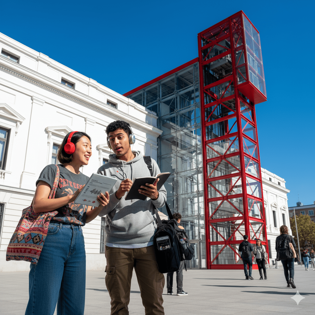 Audio guide device for Madrid Self-Guided Audio Tour by Uvamai Niche Tourism, showing headphones and tour map on a tablet screen.