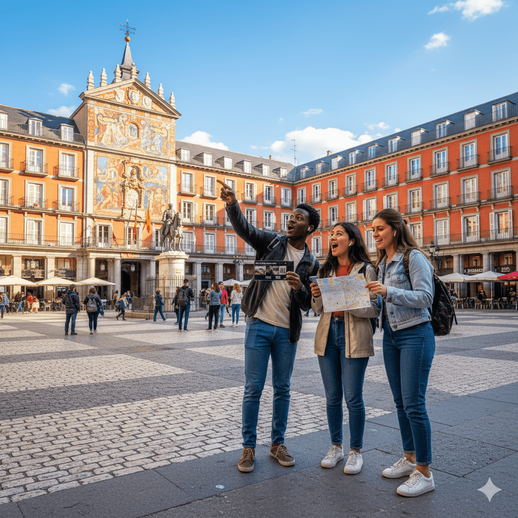 Madrid self-guided audio tour by Uvamai Niche Tourism, featuring audio device and tour map for exploring Madrid independently.