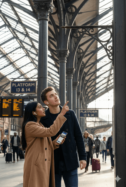 Manchester Self-Guided Audio Tour by Uvamai Niche Tourism, featuring headphones and a cityscape background for exploring Manchester.