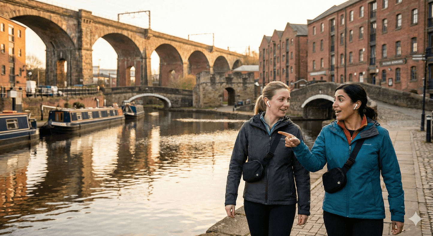 Audio guide for Manchester self-guided tour by Uvamai Niche Tourism, featuring landmarks and city sights in a portable device.