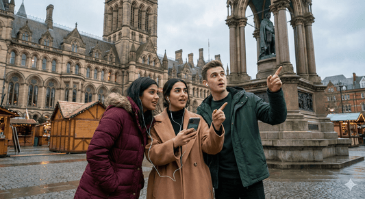 Audio tour device for Manchester self-guided audio tour by Uvamai Niche Tourism, showing headphones and tour interface.
