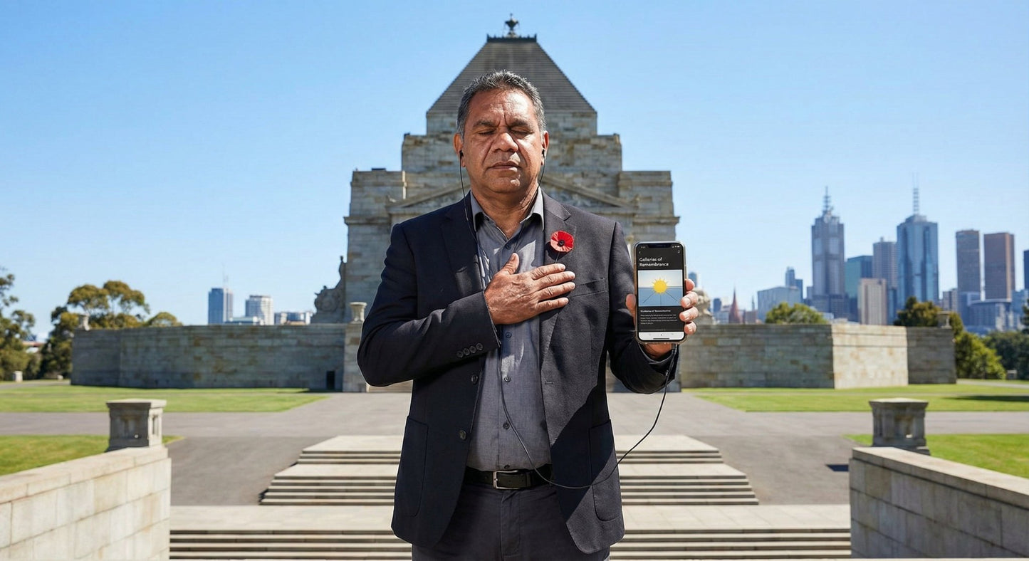 Melbourne Self-Guided Audio Tour by Uvamai Niche Tourism, featuring a smartphone displaying tour details and city landmarks.