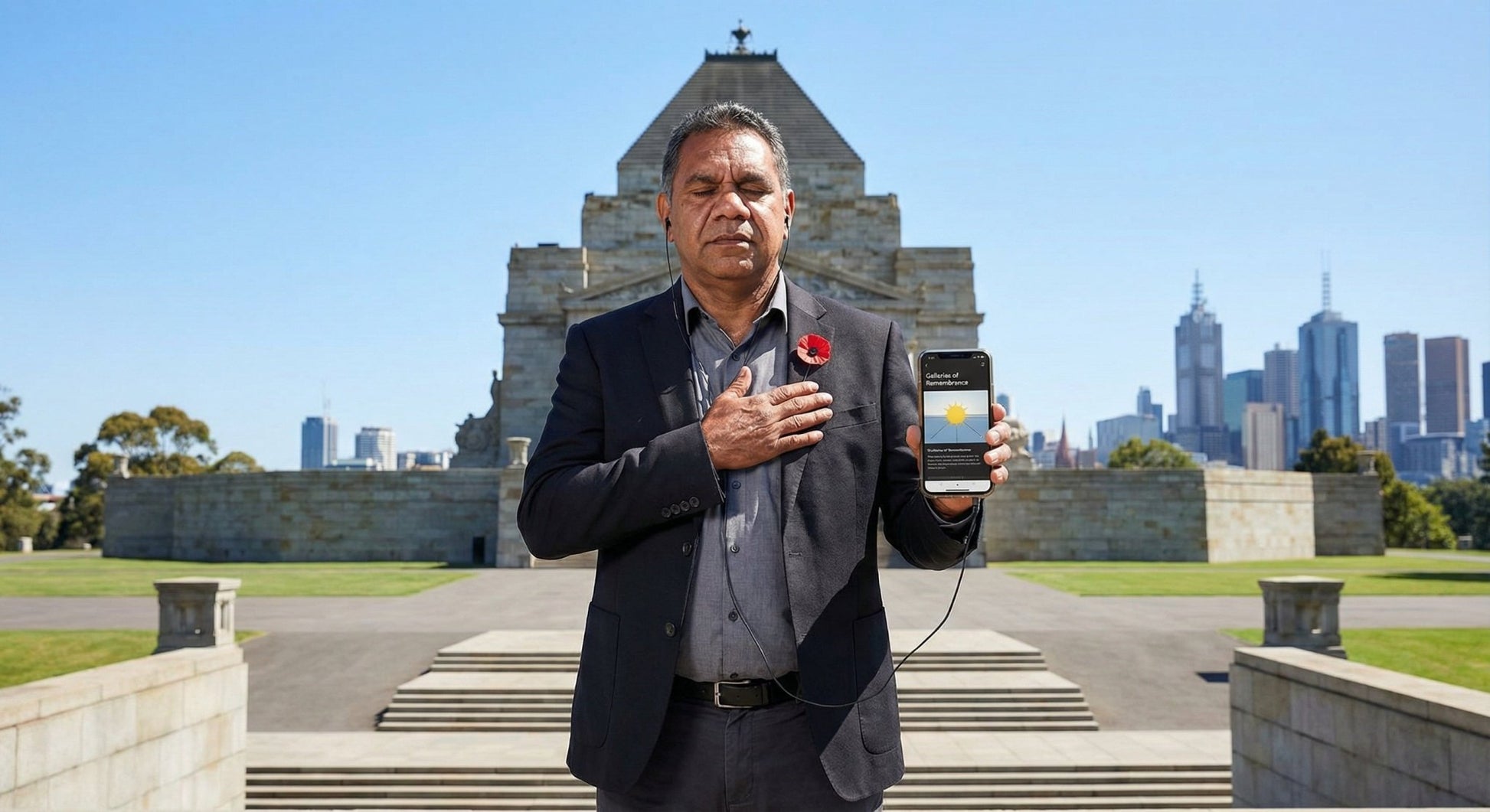 Melbourne Self-Guided Audio Tour by Uvamai Niche Tourism, featuring a smartphone displaying tour details and city landmarks.