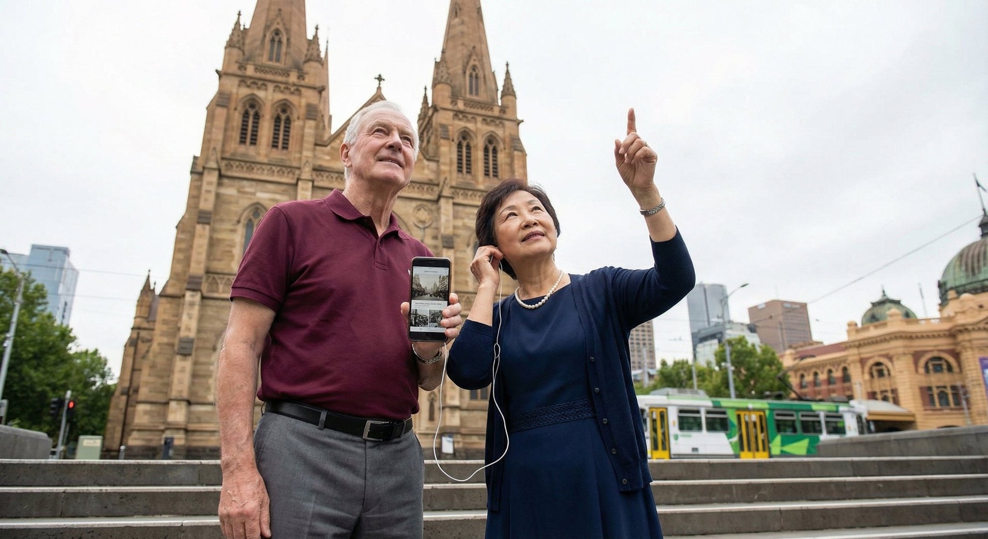 Melbourne self-guided audio tour by Uvamai Niche Tourism, showing a smartphone with city landmarks on the screen.