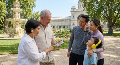 Melbourne Self-Guided Audio Tour by Uvamai Niche Tourism, portable device with headphones for exploring city landmarks.