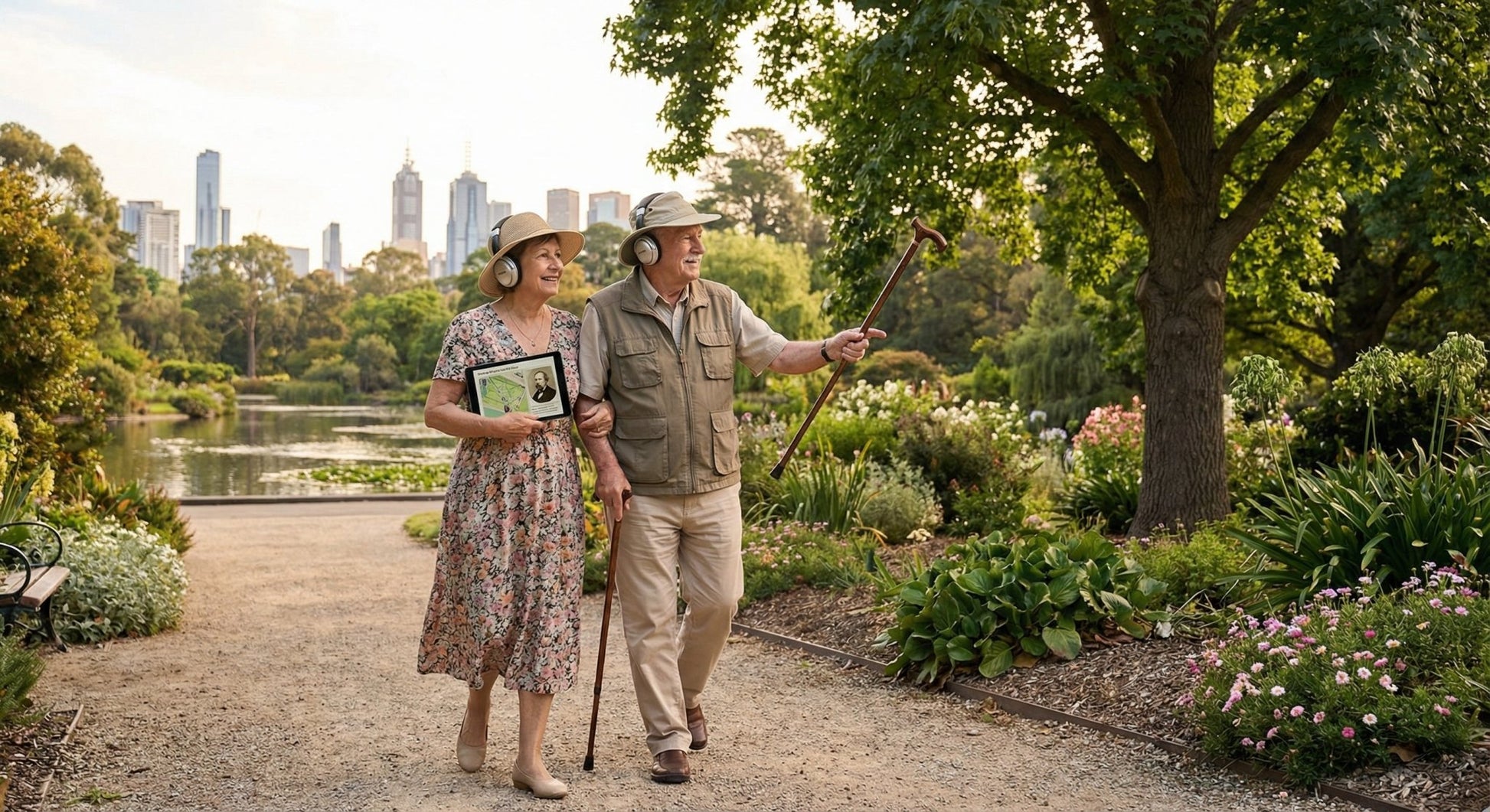 Melbourne Self-Guided Audio Tour by Uvamai Niche Tourism, portable device with headphones for exploring city landmarks.