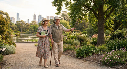 Melbourne Self-Guided Audio Tour by Uvamai Niche Tourism, portable device with headphones for exploring city landmarks.