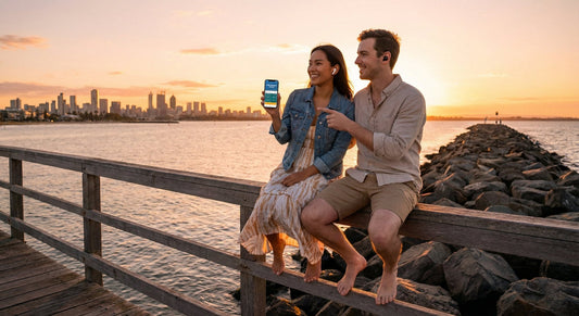 Melbourne Self-Guided Audio Tour by Uvamai Niche Tourism, featuring a smartphone and headphones with city landmarks in the background.