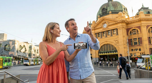 Melbourne Self-Guided Audio Tour by Uvamai Niche Tourism, portable device with headphones for exploring city landmarks.