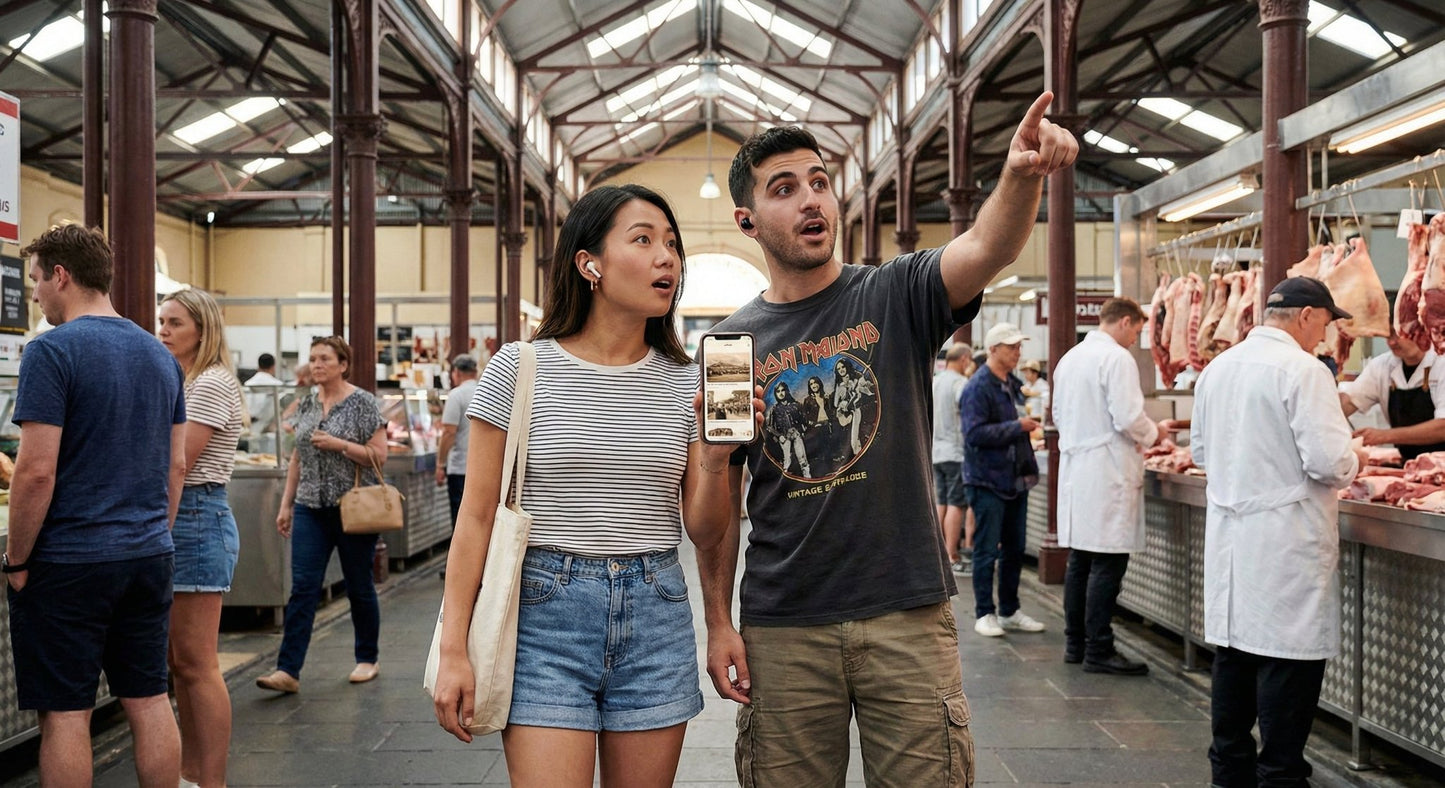 Melbourne Self-Guided Audio Tour by Uvamai Niche Tourism, featuring headphones and mobile device for exploring city sights independently.