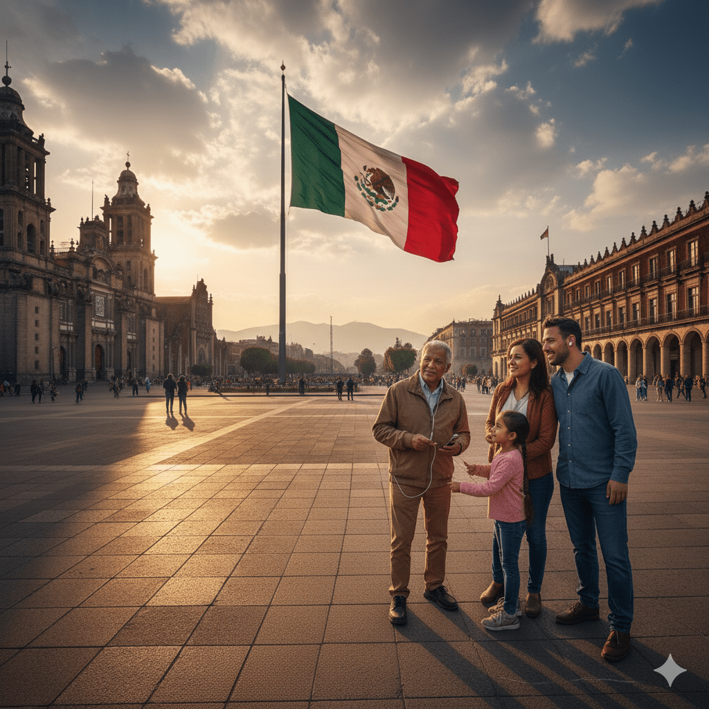Mexico City self-guided audio tour by Uvamai Niche Tourism, featuring headphones and a smartphone displaying tour details.