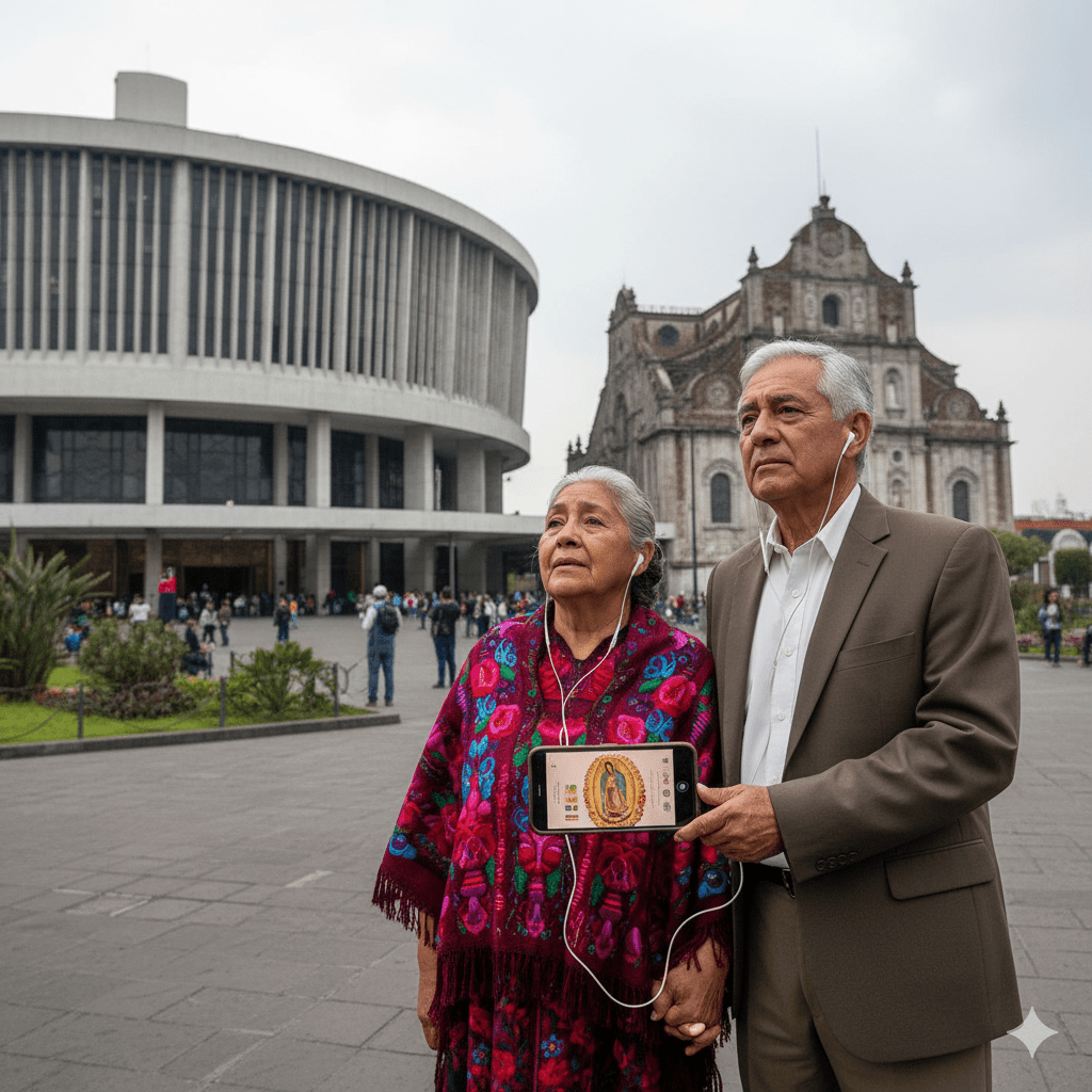 Mexico City self-guided audio tour by Uvamai Niche Tourism, showing a map and headphones for exploring city landmarks.