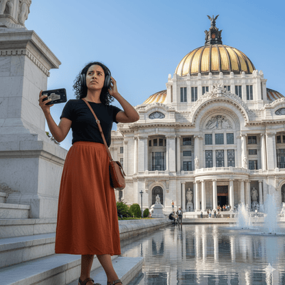 Mexico City Self-Guided Audio Tour by Uvamai Niche Tourism, featuring a smartphone and headphones for exploring historic sites.