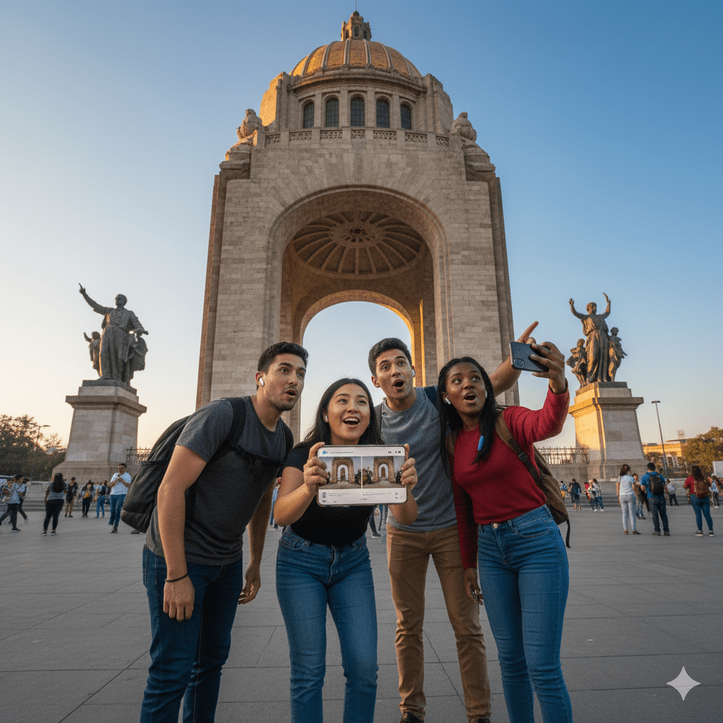 Audio tour device for Mexico City self-guided tour by Uvamai Niche Tourism, showing headphones and map interface.