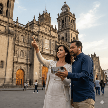 Mexico City self-guided audio tour by Uvamai Niche Tourism, showing a smartphone with travel app and historic city landmarks.