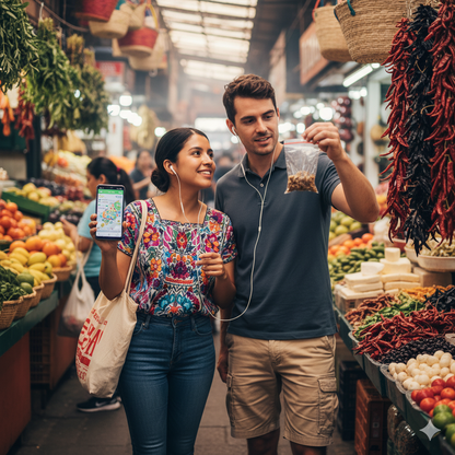 Mexico City self-guided audio tour by Uvamai Niche Tourism, showing a smartphone with city landmarks on the screen.