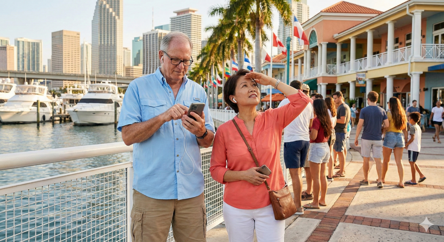 Audio tour device for Miami self-guided tour by Uvamai Niche Tourism, showing headphones and tour interface on a smartphone screen.