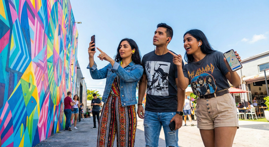 Audio tour device with headphones, titled Miami Self-Guided Audio Tour by Uvamai Niche Tourism for exploring Miami landmarks.