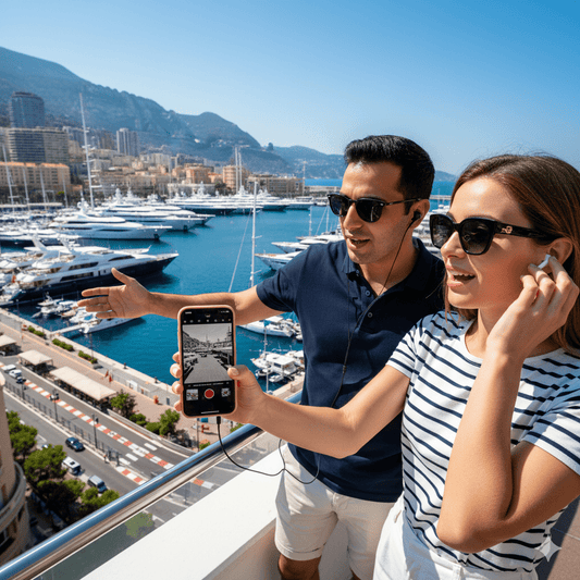 Monaco self-guided audio tour guide by Uvamai Niche Tourism, featuring a smartphone with audio playback and scenic Monaco landmarks.