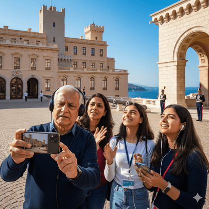 Audio guide device for Monaco self-guided tour by Uvamai Niche Tourism, featuring headphones and tour controls in a compact design.