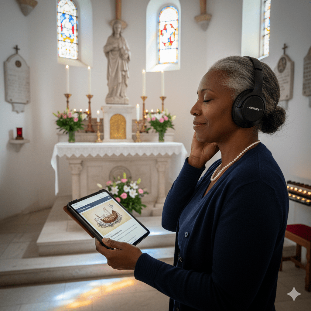 Audio tour device for Monaco by Uvamai Niche Tourism, showing headphones, portable player, and map with scenic Monaco landmarks.